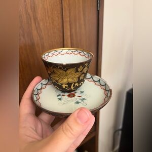 Antique Hand Painted Japanese Floral Tea Cup + Saucer - FAIR CONDITION